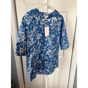 Lucy Paris Blue White Floral Short Sleeve Button Down Shirt Small Boxy Notched